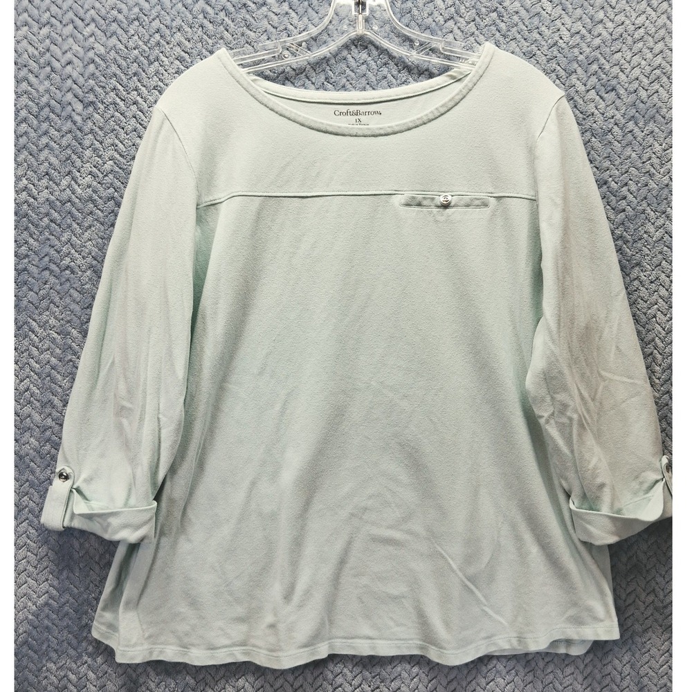 Croft & Barrow Womens 1X Mint Green 3/4 Sleeve Button Tab Scoop Neck Knit Top